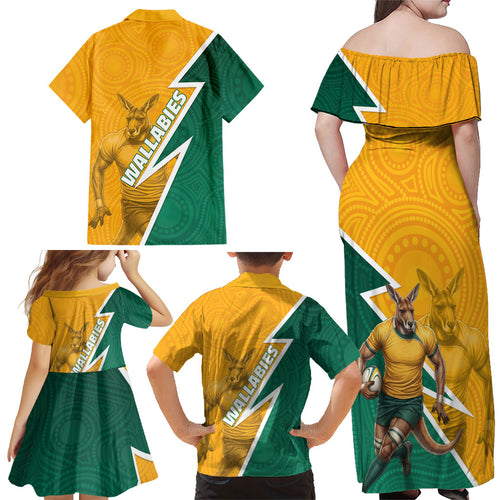 Australia Wallabies Kangaroo Family Matching Off Shoulder Maxi Dress and Hawaiian Shirt Australia Flag And Lightning Bolt - Aboriginal Rugby Mascot