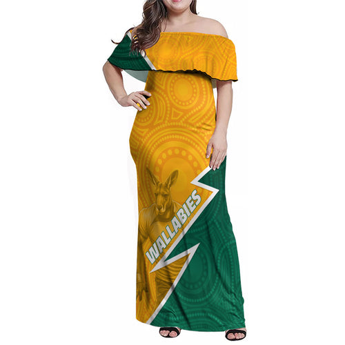 Australia Wallabies Kangaroo Family Matching Off Shoulder Maxi Dress and Hawaiian Shirt Australia Flag And Lightning Bolt - Aboriginal Rugby Mascot