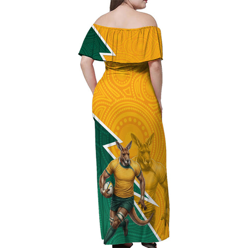 Australia Wallabies Kangaroo Family Matching Off Shoulder Maxi Dress and Hawaiian Shirt Australia Flag And Lightning Bolt - Aboriginal Rugby Mascot