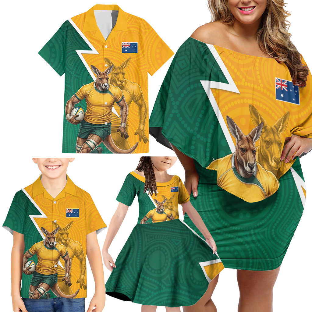 Australia Wallabies Kangaroo Family Matching Off Shoulder Short Dress and Hawaiian Shirt Australia Flag And Lightning Bolt - Aboriginal Rugby Mascot