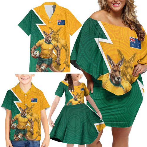 Australia Wallabies Kangaroo Family Matching Off Shoulder Short Dress and Hawaiian Shirt Australia Flag And Lightning Bolt - Aboriginal Rugby Mascot