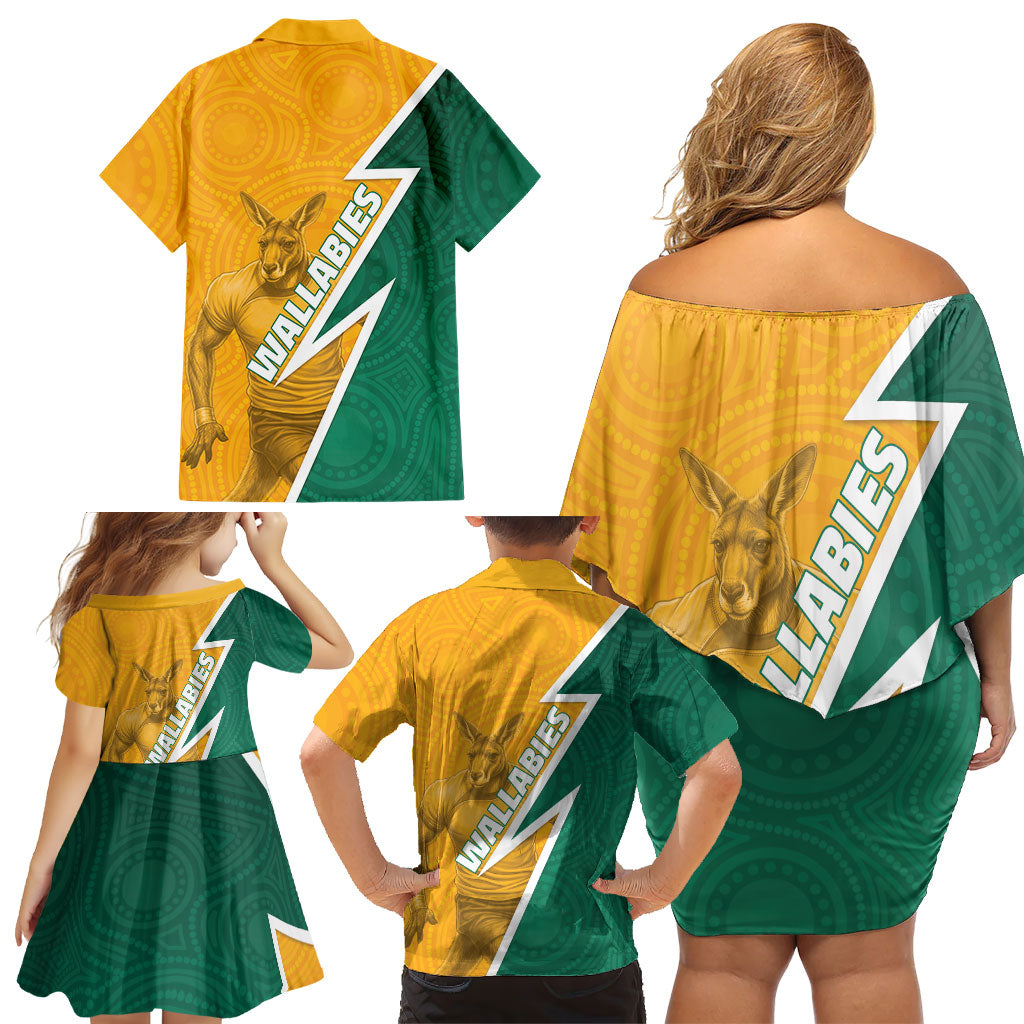 Australia Wallabies Kangaroo Family Matching Off Shoulder Short Dress and Hawaiian Shirt Australia Flag And Lightning Bolt - Aboriginal Rugby Mascot