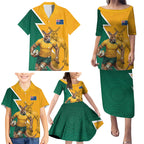 Australia Wallabies Kangaroo Family Matching Puletasi and Hawaiian Shirt Australia Flag And Lightning Bolt - Aboriginal Rugby Mascot
