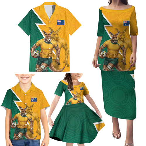 Australia Wallabies Kangaroo Family Matching Puletasi and Hawaiian Shirt Australia Flag And Lightning Bolt - Aboriginal Rugby Mascot
