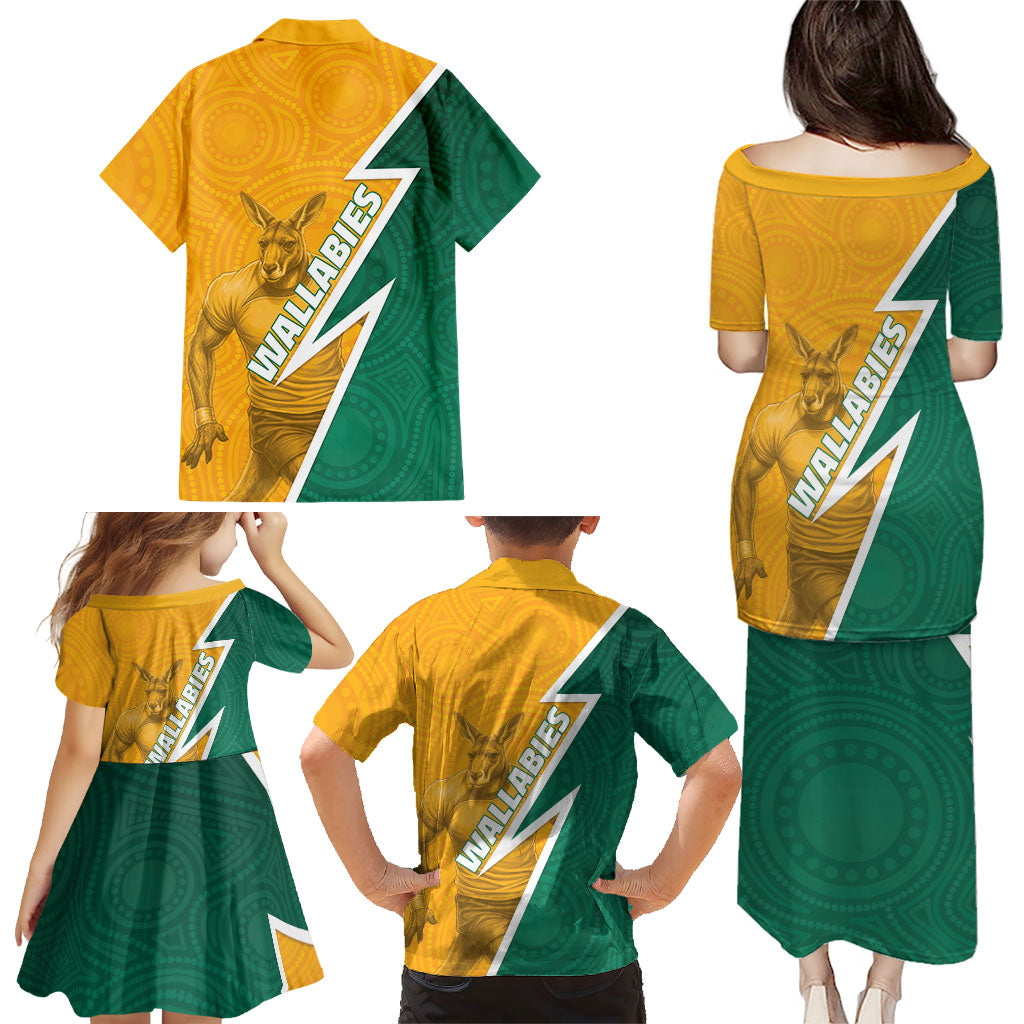 Australia Wallabies Kangaroo Family Matching Puletasi and Hawaiian Shirt Australia Flag And Lightning Bolt - Aboriginal Rugby Mascot
