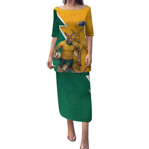 Australia Wallabies Kangaroo Family Matching Puletasi and Hawaiian Shirt Australia Flag And Lightning Bolt - Aboriginal Rugby Mascot