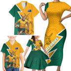 Australia Wallabies Kangaroo Family Matching Short Sleeve Bodycon Dress and Hawaiian Shirt Australia Flag And Lightning Bolt - Aboriginal Rugby Mascot