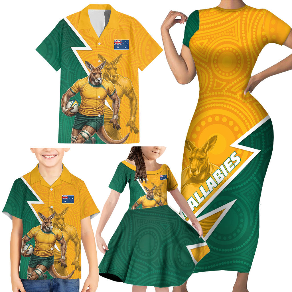 Australia Wallabies Kangaroo Family Matching Short Sleeve Bodycon Dress and Hawaiian Shirt Australia Flag And Lightning Bolt - Aboriginal Rugby Mascot