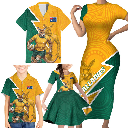 Australia Wallabies Kangaroo Family Matching Short Sleeve Bodycon Dress and Hawaiian Shirt Australia Flag And Lightning Bolt - Aboriginal Rugby Mascot