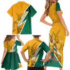 Australia Wallabies Kangaroo Family Matching Short Sleeve Bodycon Dress and Hawaiian Shirt Australia Flag And Lightning Bolt - Aboriginal Rugby Mascot