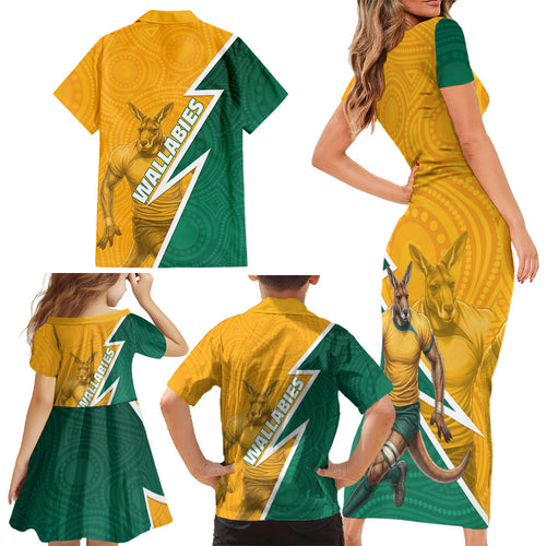 Australia Wallabies Kangaroo Family Matching Short Sleeve Bodycon Dress and Hawaiian Shirt Australia Flag And Lightning Bolt - Aboriginal Rugby Mascot