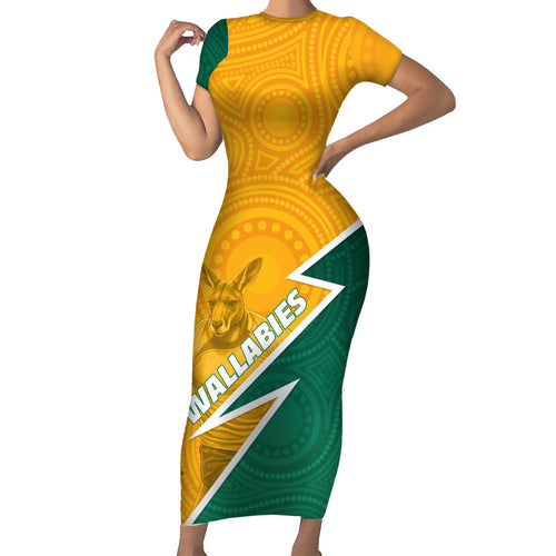 Australia Wallabies Kangaroo Family Matching Short Sleeve Bodycon Dress and Hawaiian Shirt Australia Flag And Lightning Bolt - Aboriginal Rugby Mascot