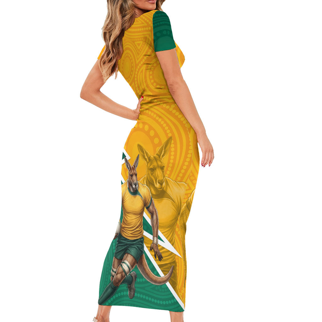 Australia Wallabies Kangaroo Family Matching Short Sleeve Bodycon Dress and Hawaiian Shirt Australia Flag And Lightning Bolt - Aboriginal Rugby Mascot