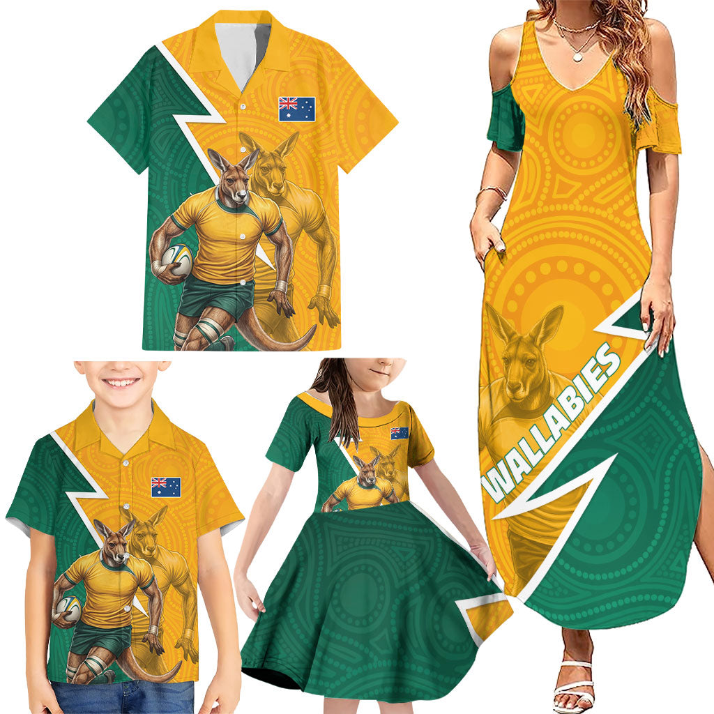 Australia Wallabies Kangaroo Family Matching Summer Maxi Dress and Hawaiian Shirt Australia Flag And Lightning Bolt - Aboriginal Rugby Mascot