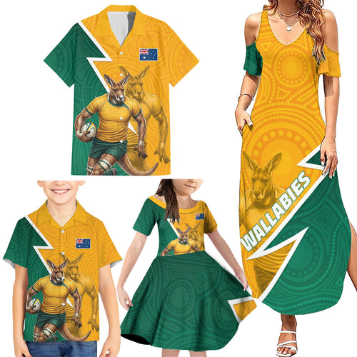 Australia Wallabies Kangaroo Family Matching Summer Maxi Dress and Hawaiian Shirt Australia Flag And Lightning Bolt - Aboriginal Rugby Mascot