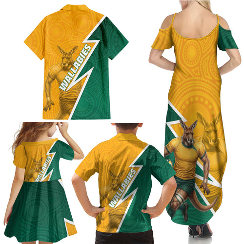 Australia Wallabies Kangaroo Family Matching Summer Maxi Dress and Hawaiian Shirt Australia Flag And Lightning Bolt - Aboriginal Rugby Mascot