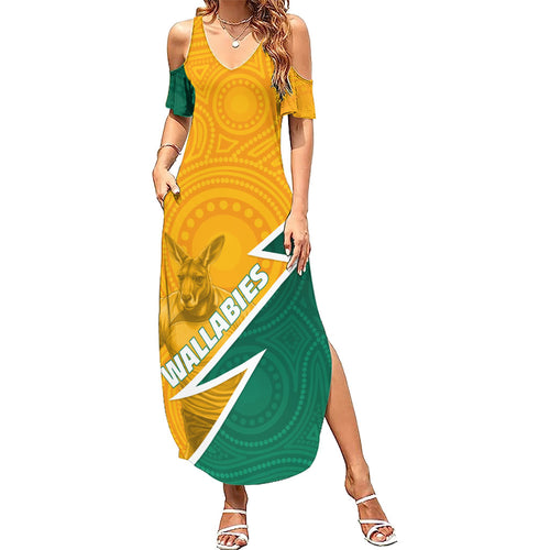 Australia Wallabies Kangaroo Family Matching Summer Maxi Dress and Hawaiian Shirt Australia Flag And Lightning Bolt - Aboriginal Rugby Mascot