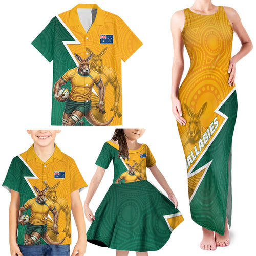 Australia Wallabies Kangaroo Family Matching Tank Maxi Dress and Hawaiian Shirt Australia Flag And Lightning Bolt - Aboriginal Rugby Mascot