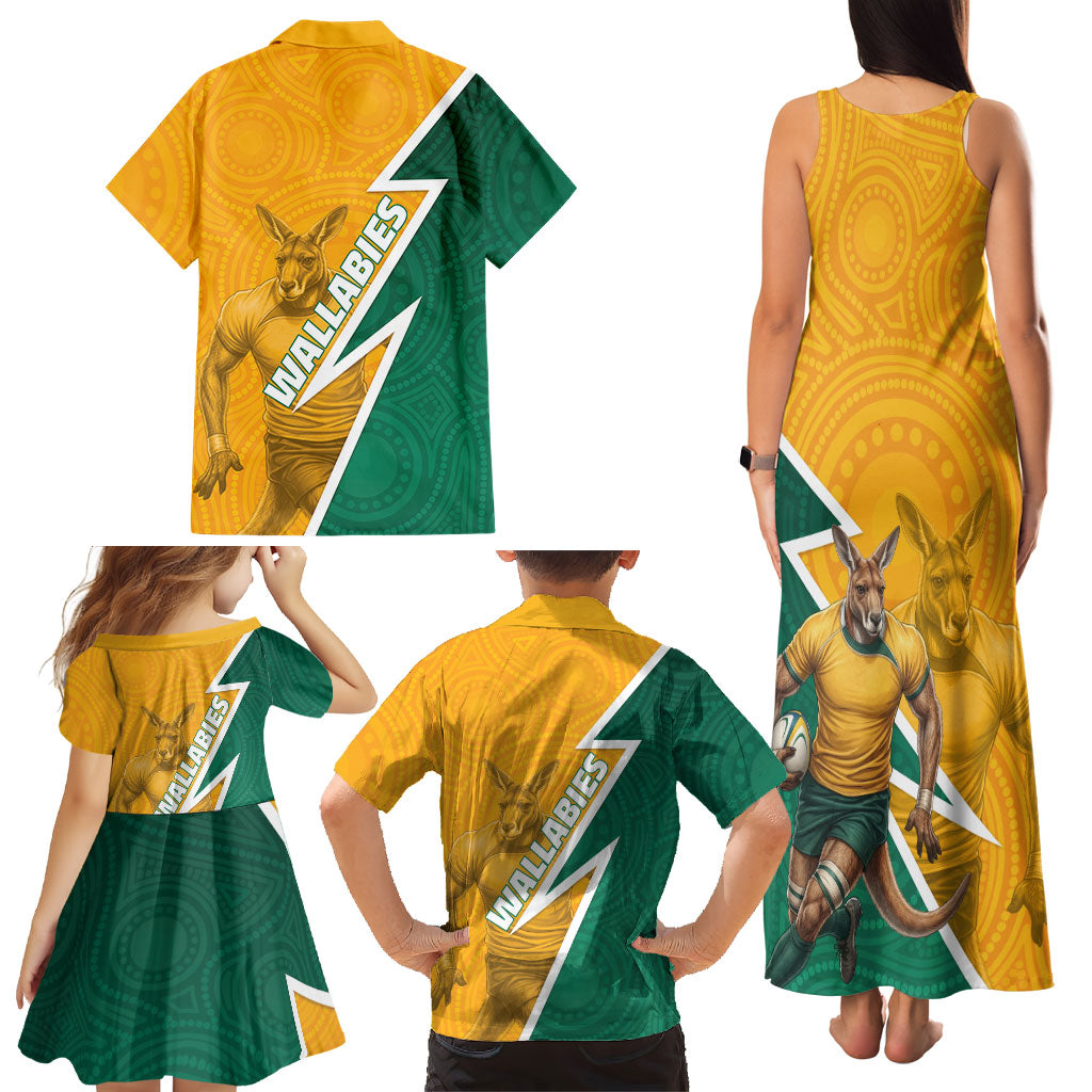 Australia Wallabies Kangaroo Family Matching Tank Maxi Dress and Hawaiian Shirt Australia Flag And Lightning Bolt - Aboriginal Rugby Mascot