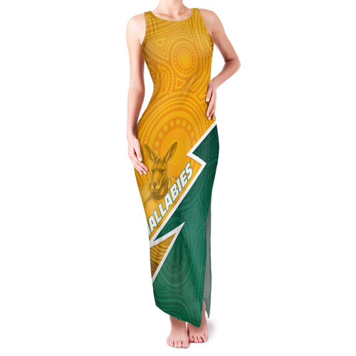 Australia Wallabies Kangaroo Family Matching Tank Maxi Dress and Hawaiian Shirt Australia Flag And Lightning Bolt - Aboriginal Rugby Mascot