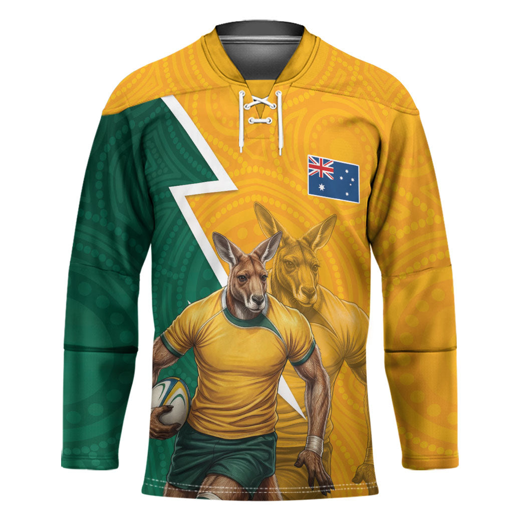 Australia Wallabies Kangaroo Hockey Jersey Australia Flag And Lightning Bolt - Aboriginal Rugby Mascot