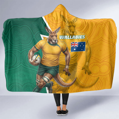 Australia Wallabies Kangaroo Hooded Blanket Australia Flag And Lightning Bolt - Aboriginal Rugby Mascot