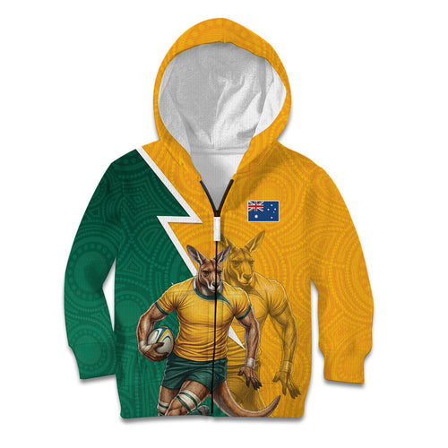 Australia Wallabies Kangaroo Kid Hoodie Australia Flag And Lightning Bolt - Aboriginal Rugby Mascot