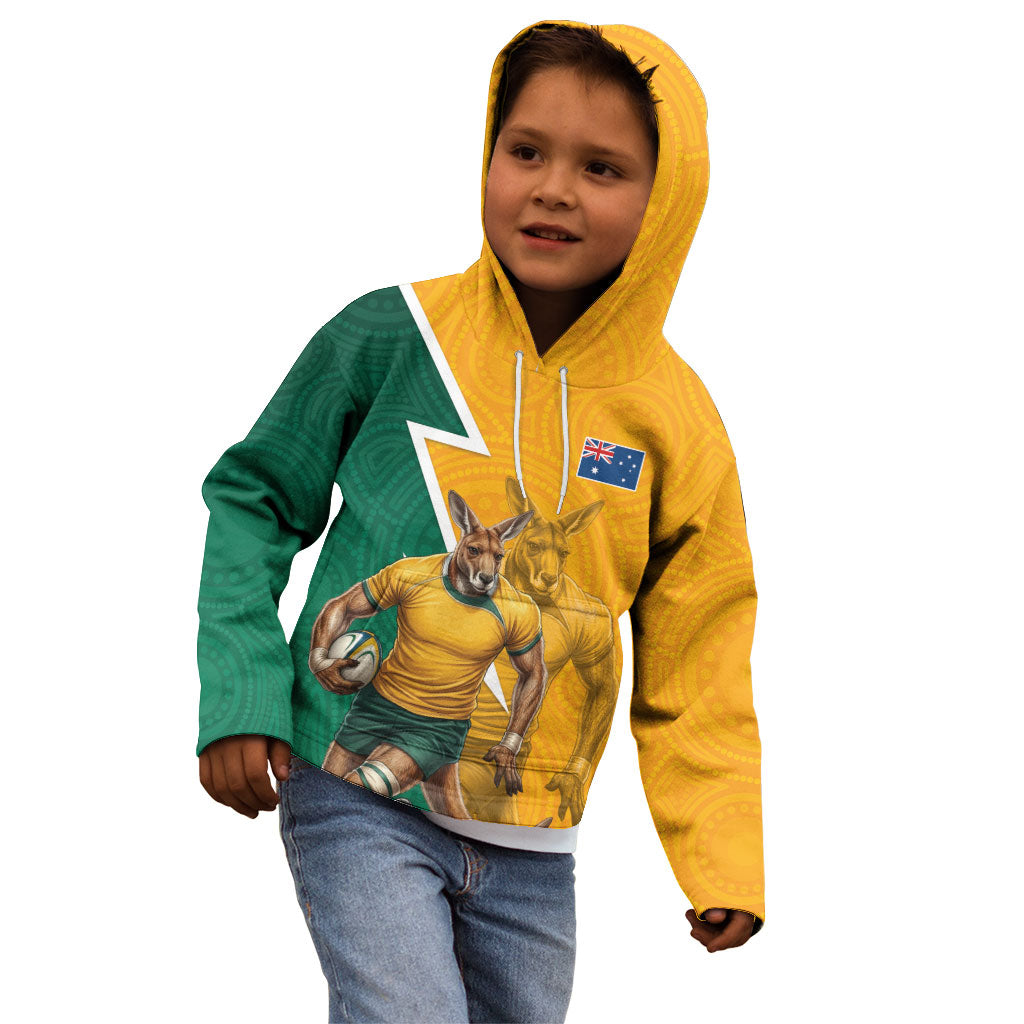 Australia Wallabies Kangaroo Kid Hoodie Australia Flag And Lightning Bolt - Aboriginal Rugby Mascot