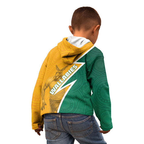 Australia Wallabies Kangaroo Kid Hoodie Australia Flag And Lightning Bolt - Aboriginal Rugby Mascot