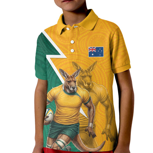 Australia Wallabies Kangaroo Kid Polo Shirt Australia Flag And Lightning Bolt - Aboriginal Rugby Mascot