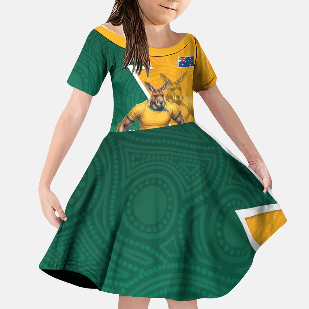 Australia Wallabies Kangaroo Kid Short Sleeve Dress Australia Flag And Lightning Bolt - Aboriginal Rugby Mascot
