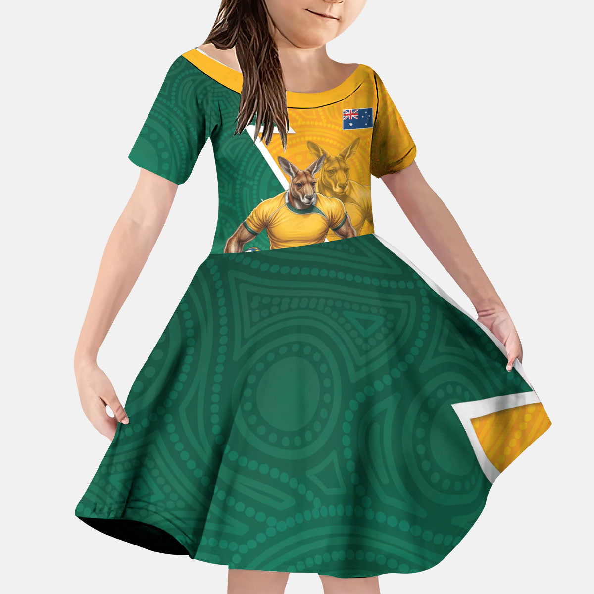 Australia Wallabies Kangaroo Kid Short Sleeve Dress Australia Flag And Lightning Bolt - Aboriginal Rugby Mascot