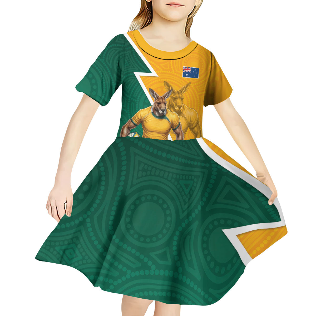 Australia Wallabies Kangaroo Kid Short Sleeve Dress Australia Flag And Lightning Bolt - Aboriginal Rugby Mascot