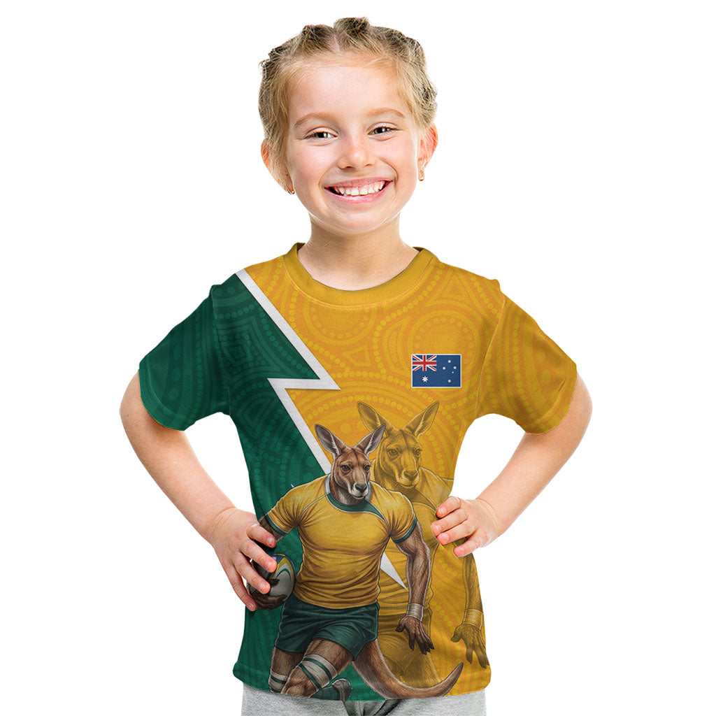 Australia Wallabies Kangaroo Kid T Shirt Australia Flag And Lightning Bolt - Aboriginal Rugby Mascot