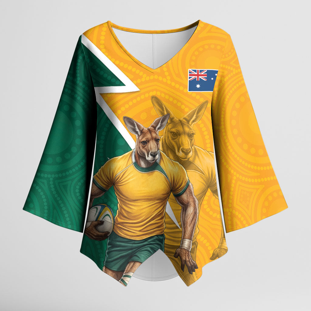 Australia Wallabies Kangaroo Kimono Sleeve Blouse Australia Flag And Lightning Bolt - Aboriginal Rugby Mascot