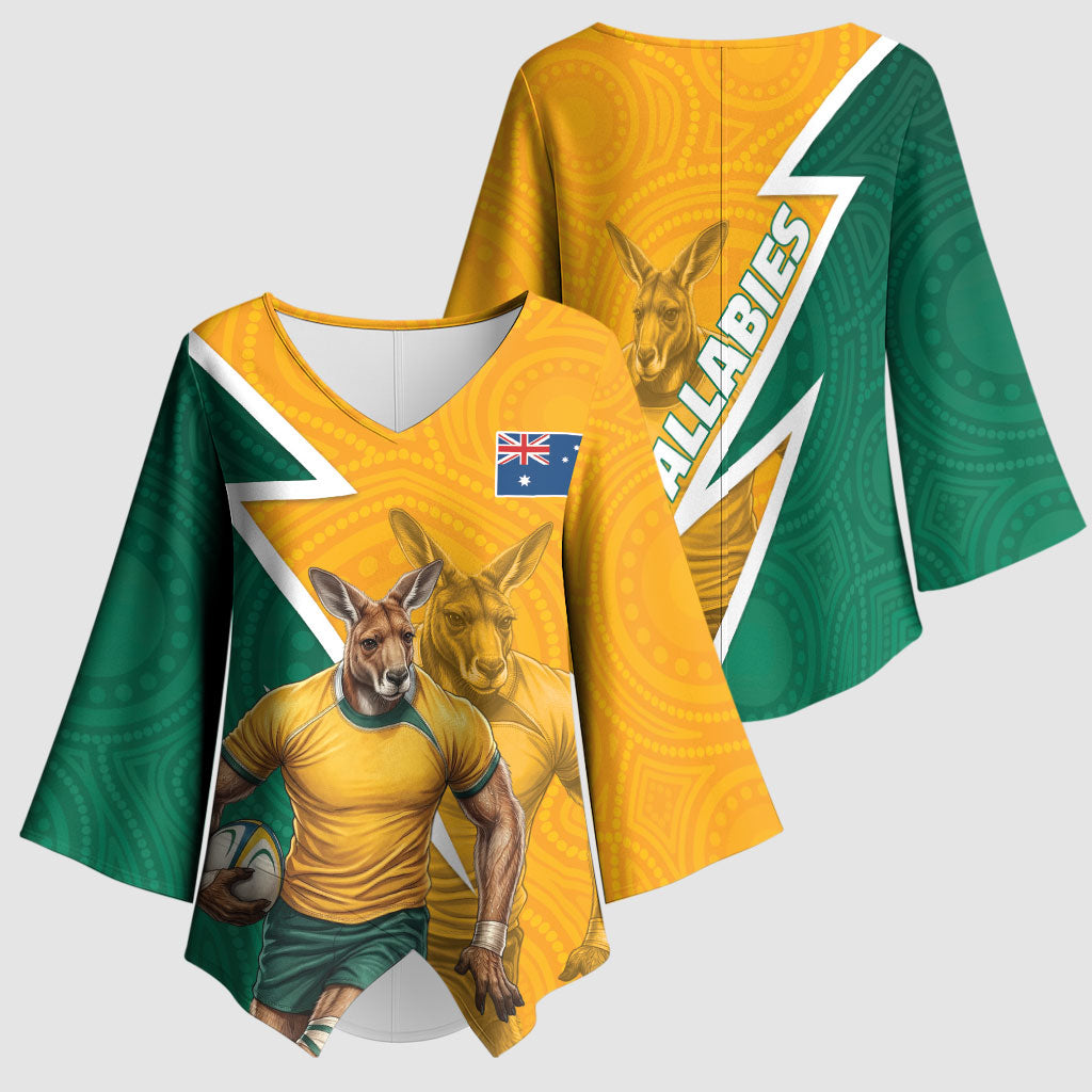 Australia Wallabies Kangaroo Kimono Sleeve Blouse Australia Flag And Lightning Bolt - Aboriginal Rugby Mascot