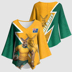 Australia Wallabies Kangaroo Kimono Sleeve Blouse Australia Flag And Lightning Bolt - Aboriginal Rugby Mascot