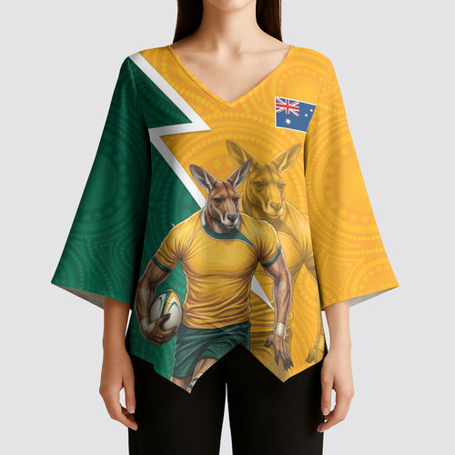Australia Wallabies Kangaroo Kimono Sleeve Blouse Australia Flag And Lightning Bolt - Aboriginal Rugby Mascot
