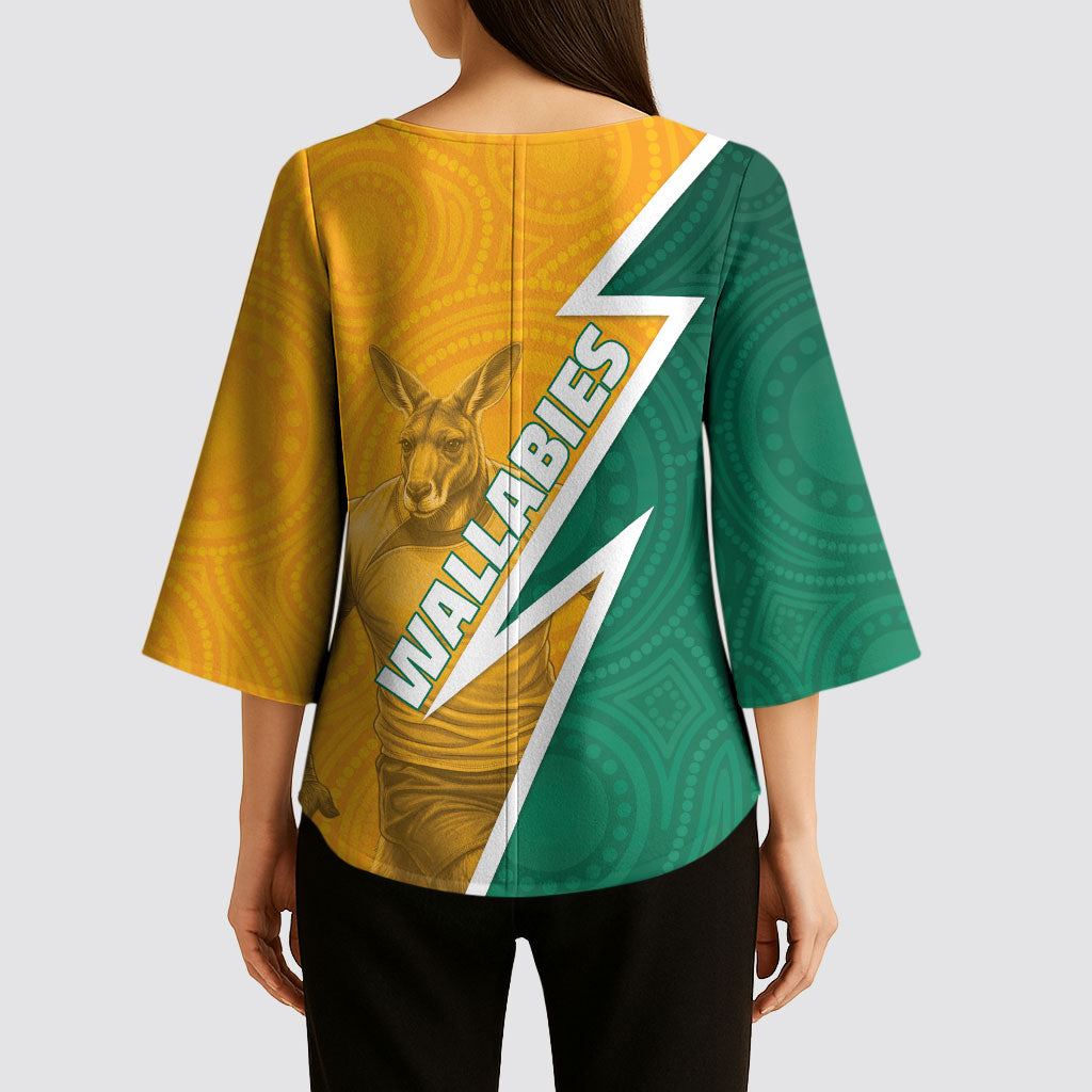 Australia Wallabies Kangaroo Kimono Sleeve Blouse Australia Flag And Lightning Bolt - Aboriginal Rugby Mascot