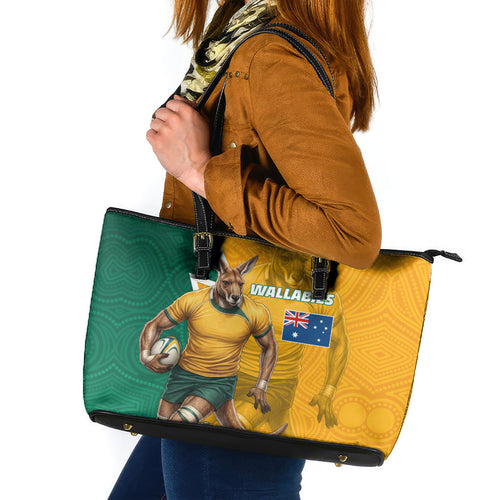 Australia Wallabies Kangaroo Leather Tote Bag Australia Flag And Lightning Bolt - Aboriginal Rugby Mascot