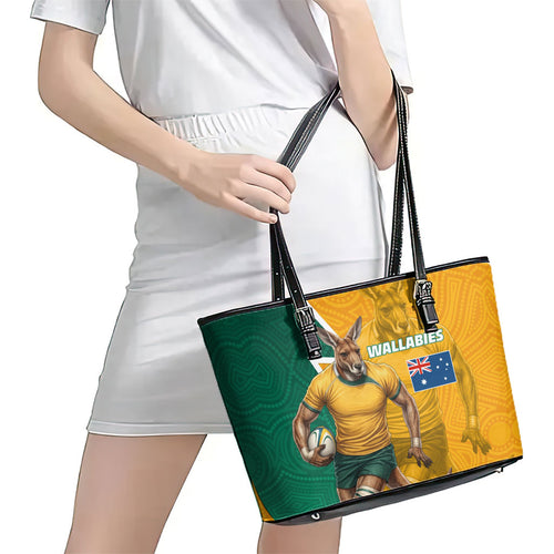 Australia Wallabies Kangaroo Leather Tote Bag Australia Flag And Lightning Bolt - Aboriginal Rugby Mascot