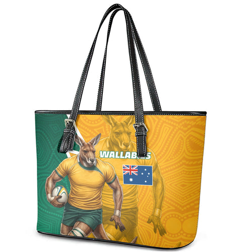 Australia Wallabies Kangaroo Leather Tote Bag Australia Flag And Lightning Bolt - Aboriginal Rugby Mascot