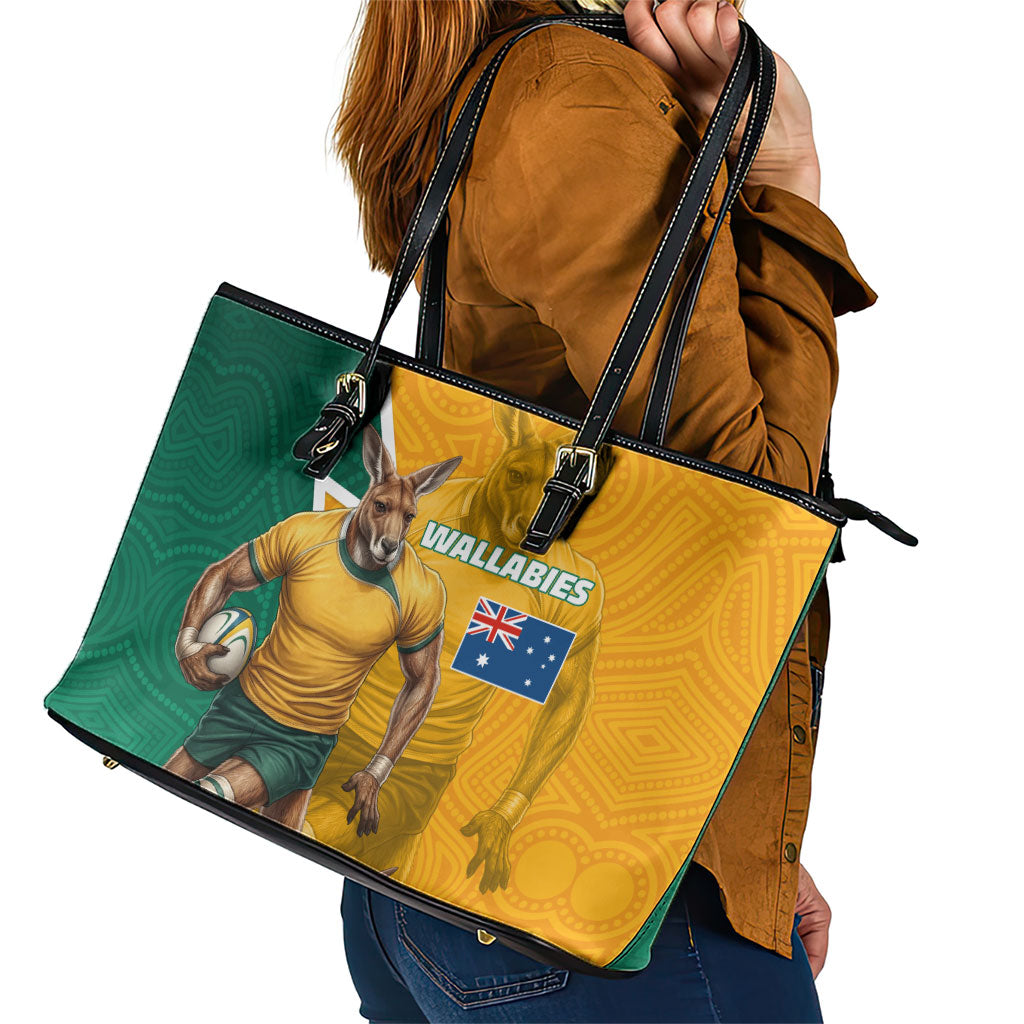 Australia Wallabies Kangaroo Leather Tote Bag Australia Flag And Lightning Bolt - Aboriginal Rugby Mascot