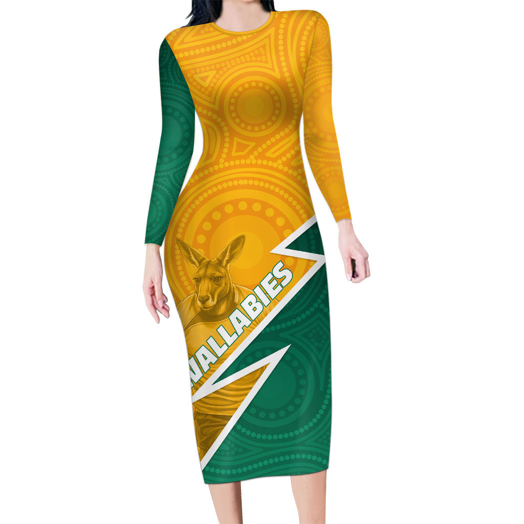 Australia Wallabies Kangaroo Long Sleeve Bodycon Dress Australia Flag And Lightning Bolt - Aboriginal Rugby Mascot