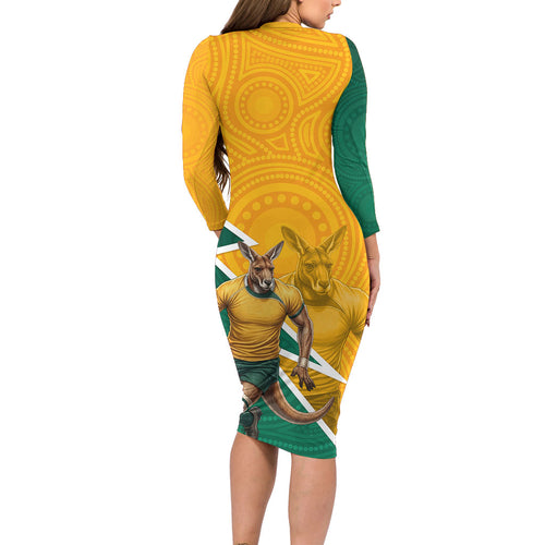 Australia Wallabies Kangaroo Long Sleeve Bodycon Dress Australia Flag And Lightning Bolt - Aboriginal Rugby Mascot