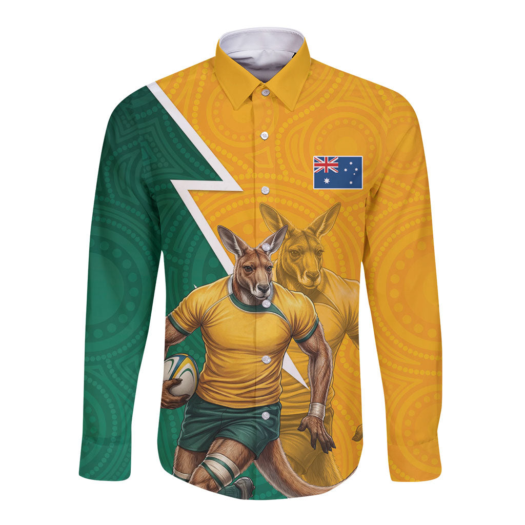 Australia Wallabies Kangaroo Long Sleeve Button Shirt Australia Flag And Lightning Bolt - Aboriginal Rugby Mascot