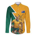 Australia Wallabies Kangaroo Long Sleeve Button Shirt Australia Flag And Lightning Bolt - Aboriginal Rugby Mascot