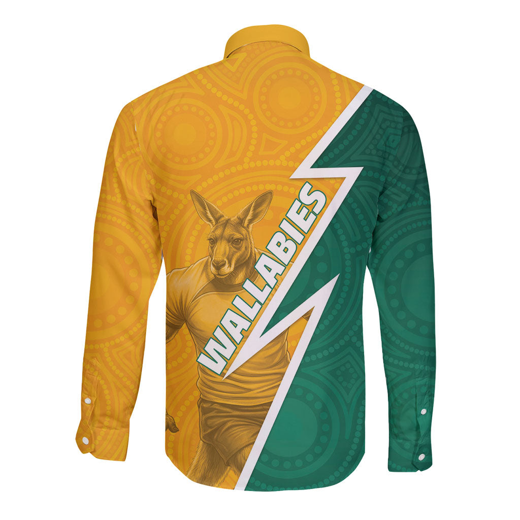 Australia Wallabies Kangaroo Long Sleeve Button Shirt Australia Flag And Lightning Bolt - Aboriginal Rugby Mascot