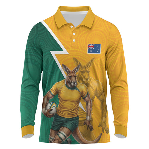 Australia Wallabies Kangaroo Long Sleeve Polo Shirt Australia Flag And Lightning Bolt - Aboriginal Rugby Mascot