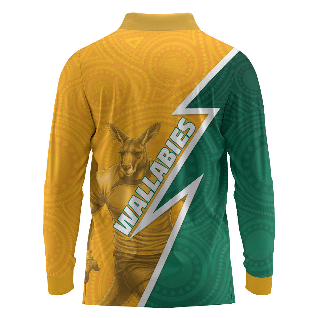 Australia Wallabies Kangaroo Long Sleeve Polo Shirt Australia Flag And Lightning Bolt - Aboriginal Rugby Mascot